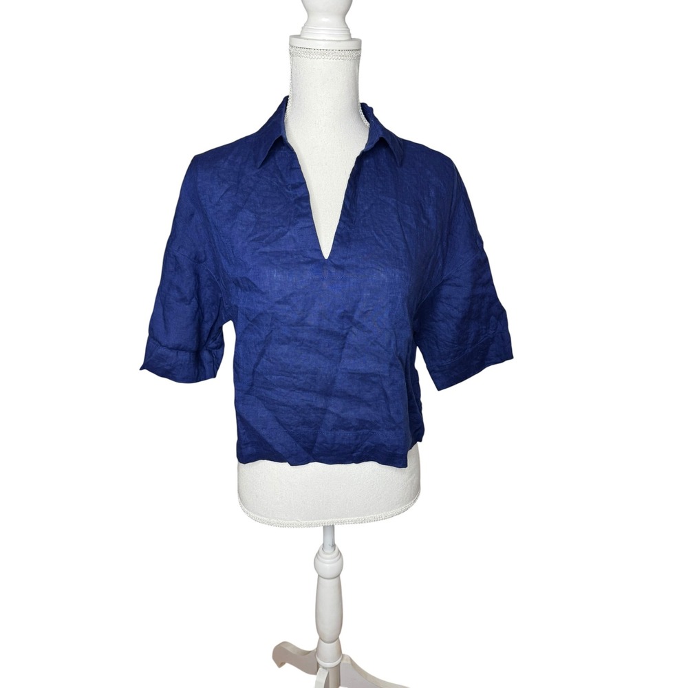 Calypso St Barth Blue Linen V-Neck Collared Short Sleeve Boxy Crop Top Medium
